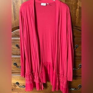 LOGO by Lori Goldstein Coral red lace trim open front cardigan plus 2X NWOT